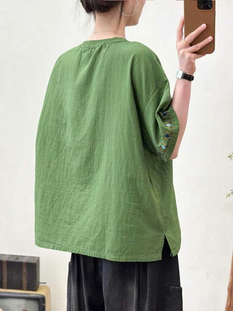 Amax LuluE 2026 Summer Chinese Clothes Womens Fashion Loose Vintage Cotton T-shirts Ladies Classic Casual O Neck Embroidery Tops