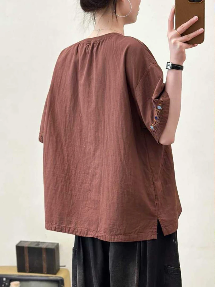 Amax LuluE 2026 Summer Chinese Clothes Womens Fashion Loose Vintage Cotton T-shirts Ladies Classic Casual O Neck Embroidery Tops