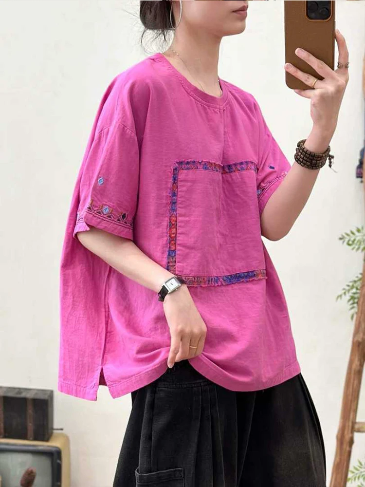 Amax LuluE 2026 Summer Chinese Clothes Womens Fashion Loose Vintage Cotton T-shirts Ladies Classic Casual O Neck Embroidery Tops