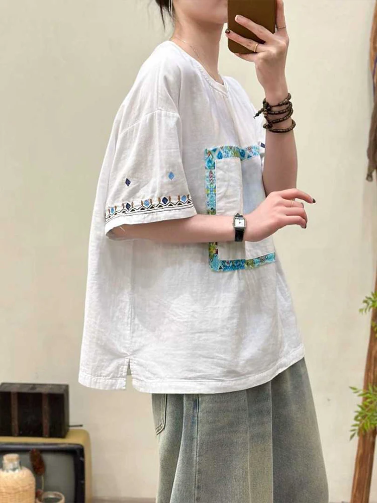 Amax LuluE 2026 Summer Chinese Clothes Womens Fashion Loose Vintage Cotton T-shirts Ladies Classic Casual O Neck Embroidery Tops
