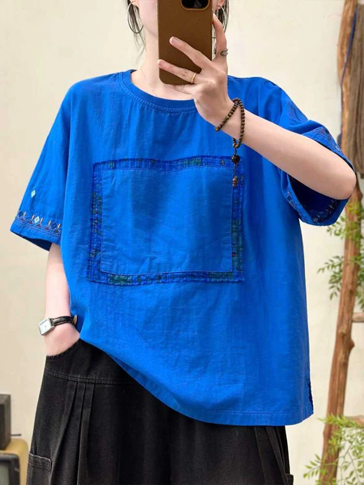 Amax LuluE 2026 Summer Chinese Clothes Womens Fashion Loose Vintage Cotton T-shirts Ladies Classic Casual O Neck Embroidery Tops