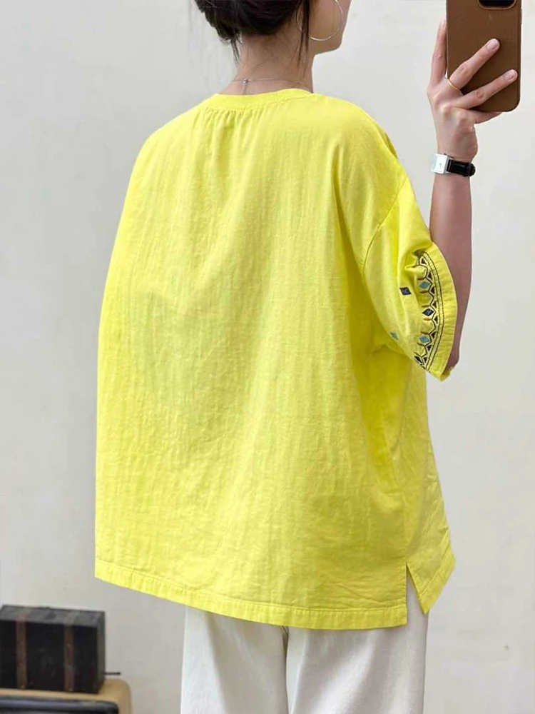 Amax LuluE 2026 Summer Chinese Clothes Womens Fashion Loose Vintage Cotton T-shirts Ladies Classic Casual O Neck Embroidery Tops
