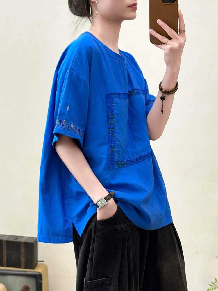 Amax LuluE 2026 Summer Chinese Clothes Womens Fashion Loose Vintage Cotton T-shirts Ladies Classic Casual O Neck Embroidery Tops
