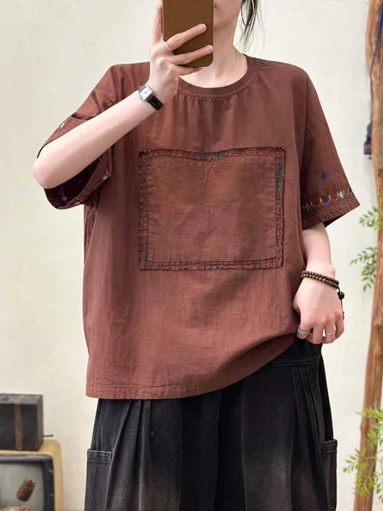 Amax LuluE 2026 Summer Chinese Clothes Womens Fashion Loose Vintage Cotton T-shirts Ladies Classic Casual O Neck Embroidery Tops