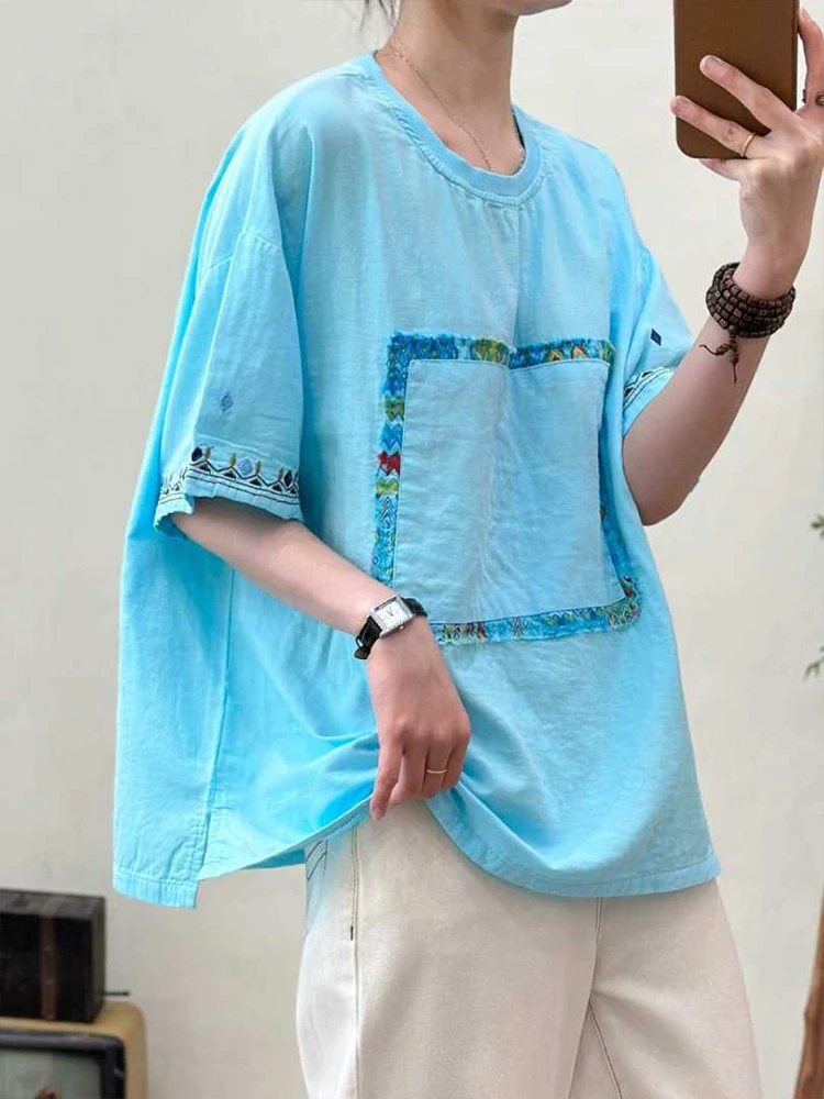 Amax LuluE 2026 Summer Chinese Clothes Womens Fashion Loose Vintage Cotton T-shirts Ladies Classic Casual O Neck Embroidery Tops