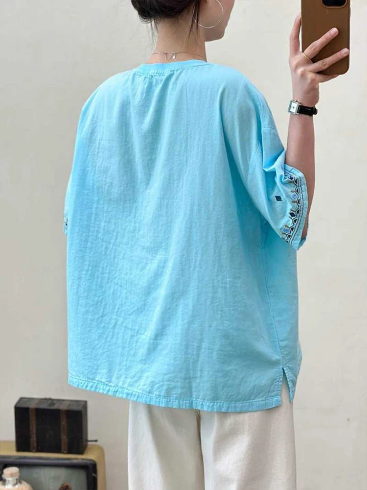 Amax LuluE 2026 Summer Chinese Clothes Womens Fashion Loose Vintage Cotton T-shirts Ladies Classic Casual O Neck Embroidery Tops