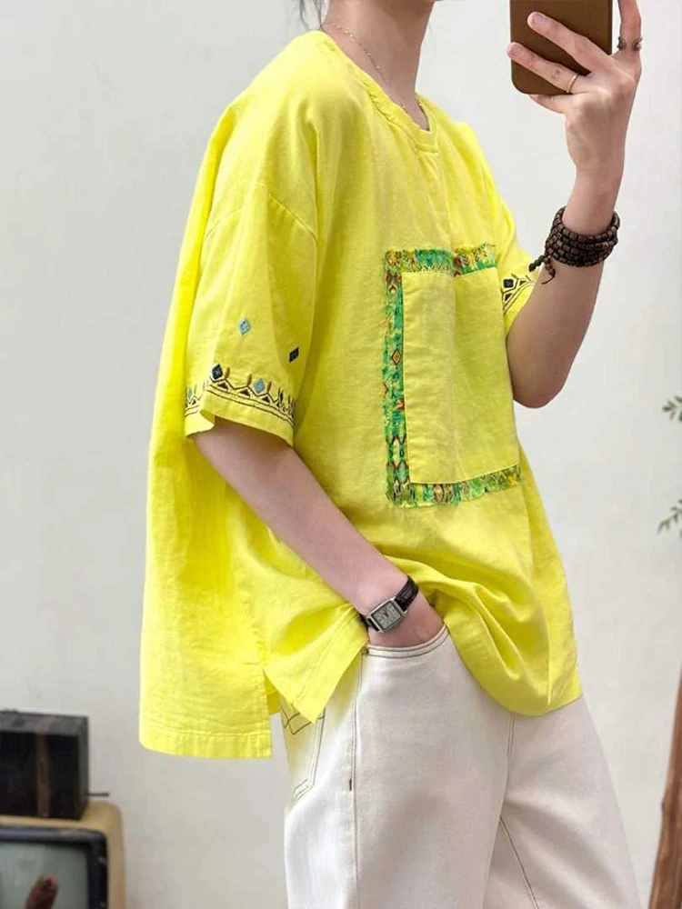 Amax LuluE 2026 Summer Chinese Clothes Womens Fashion Loose Vintage Cotton T-shirts Ladies Classic Casual O Neck Embroidery Tops