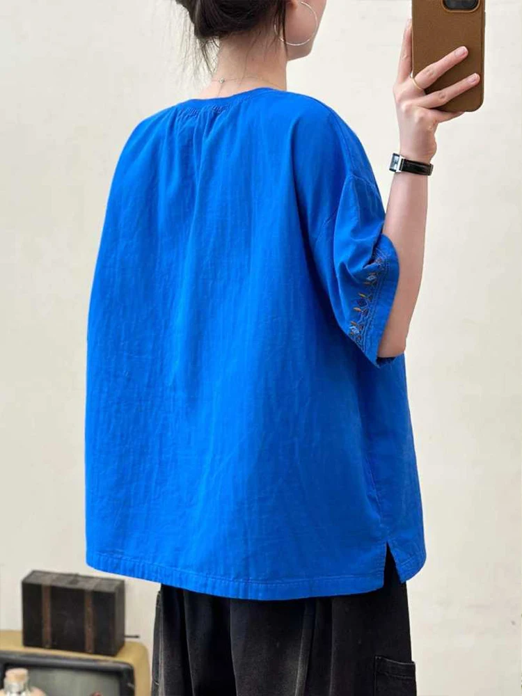 Amax LuluE 2026 Summer Chinese Clothes Womens Fashion Loose Vintage Cotton T-shirts Ladies Classic Casual O Neck Embroidery Tops