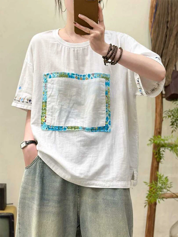Amax LuluE 2026 Summer Chinese Clothes Womens Fashion Loose Vintage Cotton T-shirts Ladies Classic Casual O Neck Embroidery Tops