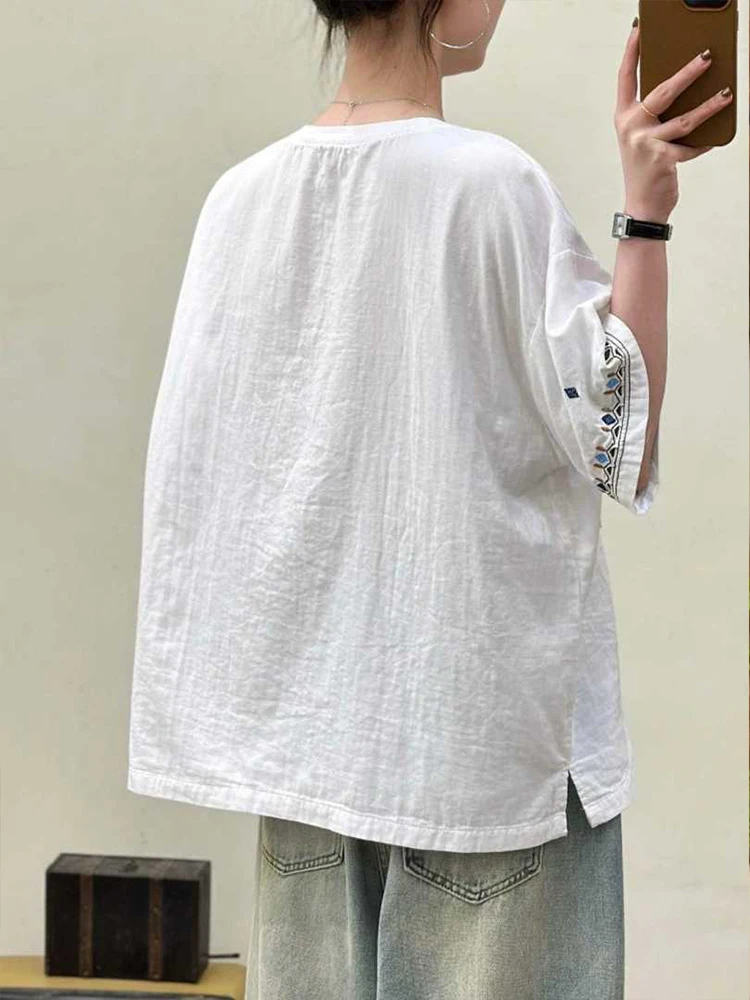 Amax LuluE 2026 Summer Chinese Clothes Womens Fashion Loose Vintage Cotton T-shirts Ladies Classic Casual O Neck Embroidery Tops