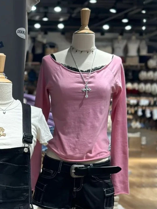 Pink New Raw Hem Long Sleeve T-shirt Woman Scoop Neck Slim Cotton Tee Top Casual Vintage Sweet Cute Streetwear Y2k Crop Tops