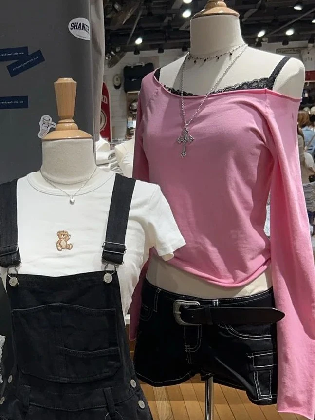 Pink New Raw Hem Long Sleeve T-shirt Woman Scoop Neck Slim Cotton Tee Top Casual Vintage Sweet Cute Streetwear Y2k Crop Tops