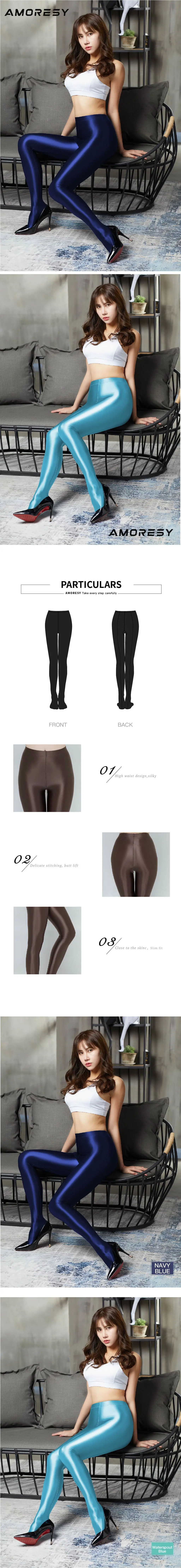 AMORESY Women Sexy Silk Satin Opaque Pantyhose Tights Smooth Yoga Stockings Running Slim High Waisted Fitness Leggings Plus Size