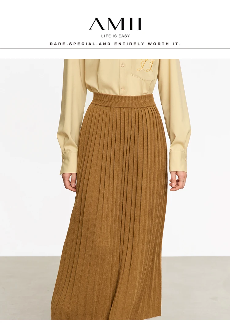 AMII Minimalist 2024 Pleated Skirt for Women Clothing Autumn New Loose Elastic Waist Knitted Ankle-length A-line Skirts 12323091