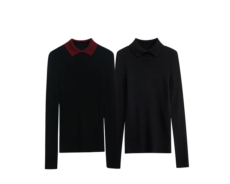 AMII Minimalist Color Contrast Sweater for Women 2024 Autumn Turn Down Collar Niche Slim Fit Knit Tops Warm Sweaters 12323149