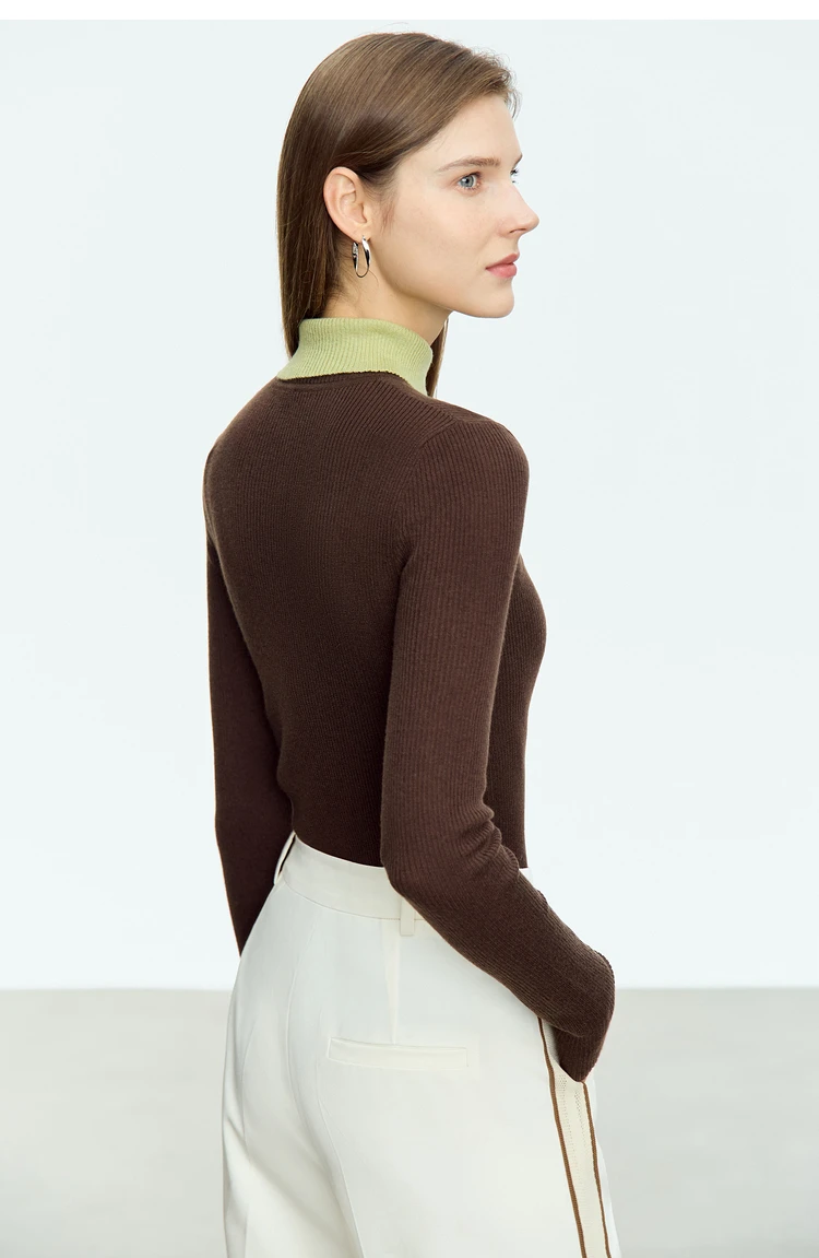 AMII Minimalist Color Contrast Sweater for Women 2024 Autumn Turn Down Collar Niche Slim Fit Knit Tops Warm Sweaters 12323149