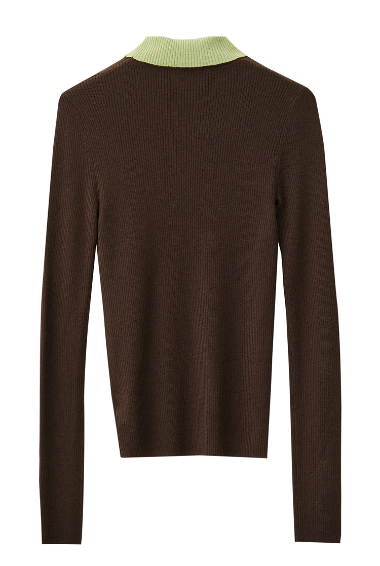 AMII Minimalist Color Contrast Sweater for Women 2024 Autumn Turn Down Collar Niche Slim Fit Knit Tops Warm Sweaters 12323149