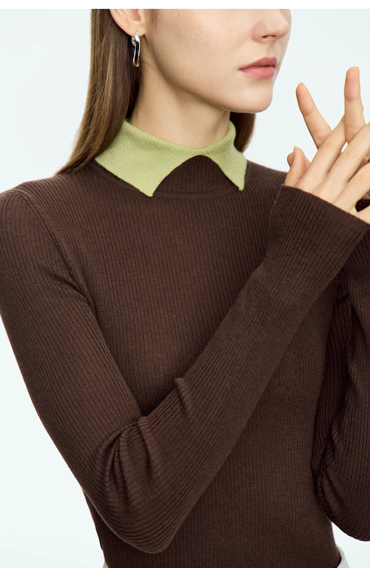 AMII Minimalist Color Contrast Sweater for Women 2024 Autumn Turn Down Collar Niche Slim Fit Knit Tops Warm Sweaters 12323149
