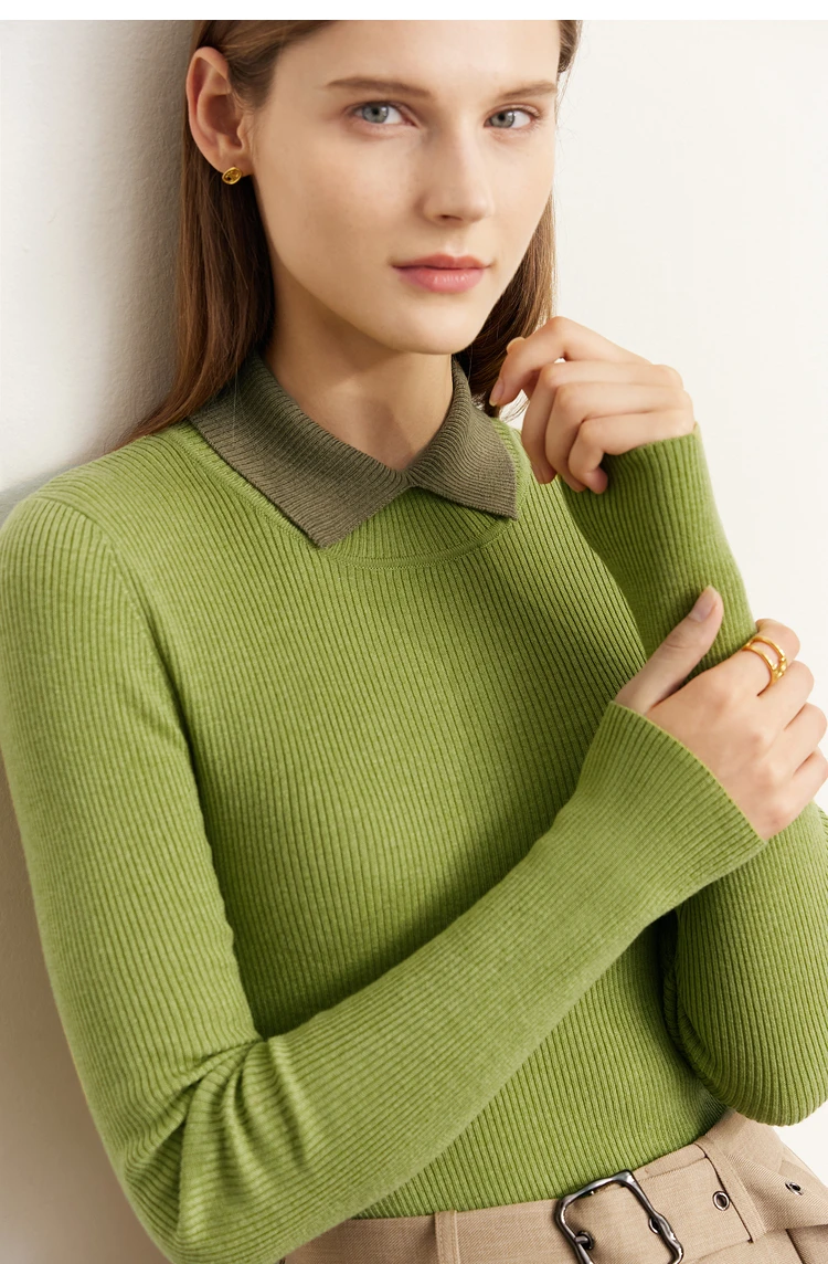 AMII Minimalist Color Contrast Sweater for Women 2024 Autumn Turn Down Collar Niche Slim Fit Knit Tops Warm Sweaters 12323149