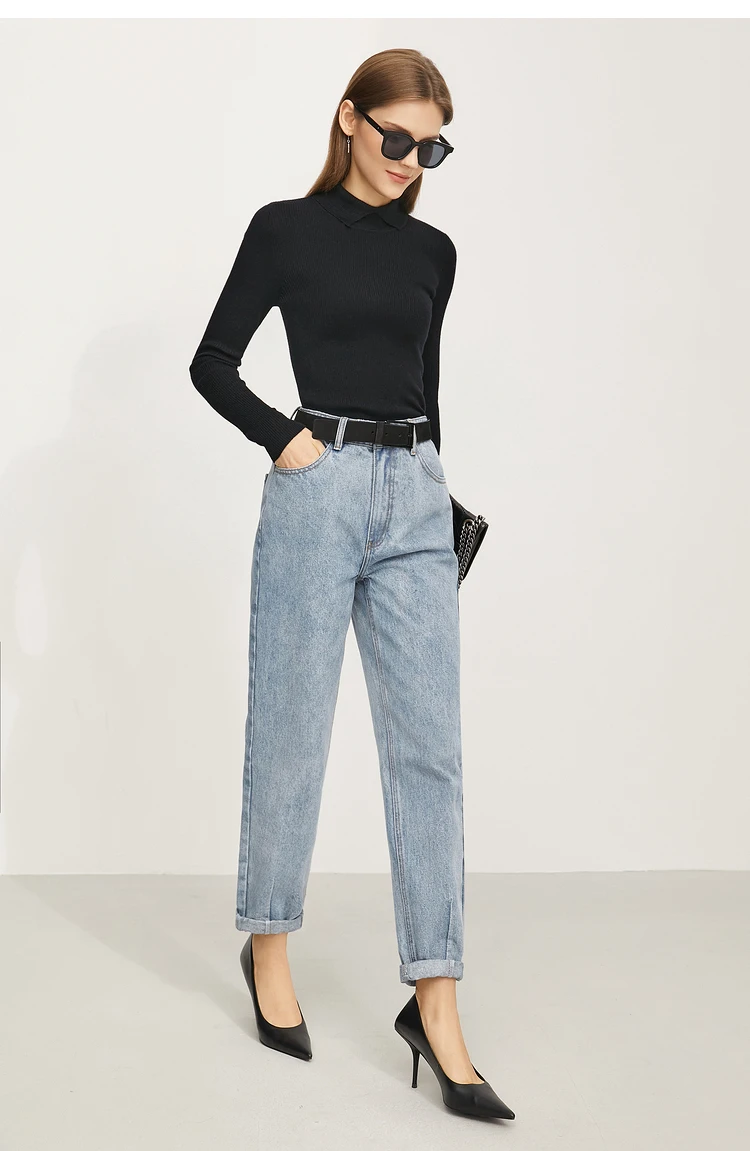 AMII Minimalist Color Contrast Sweater for Women 2024 Autumn Turn Down Collar Niche Slim Fit Knit Tops Warm Sweaters 12323149