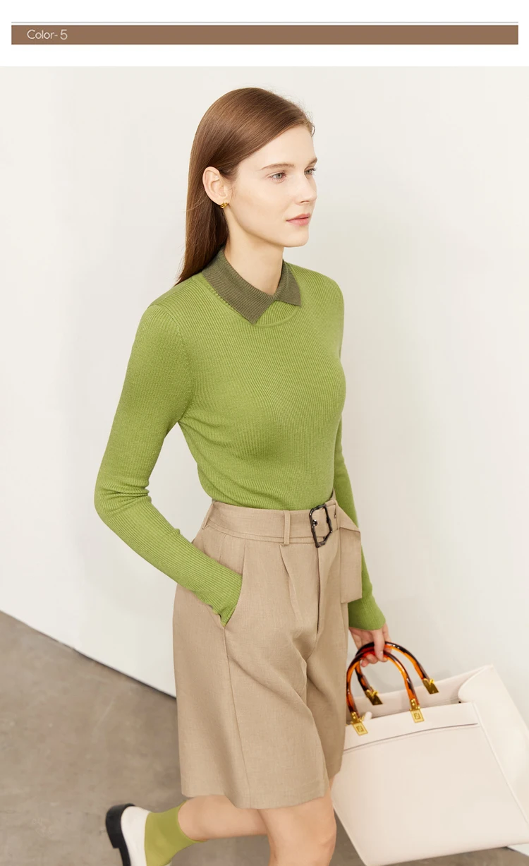 AMII Minimalist Color Contrast Sweater for Women 2024 Autumn Turn Down Collar Niche Slim Fit Knit Tops Warm Sweaters 12323149
