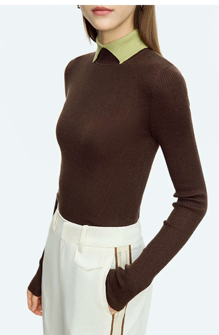 AMII Minimalist Color Contrast Sweater for Women 2024 Autumn Turn Down Collar Niche Slim Fit Knit Tops Warm Sweaters 12323149