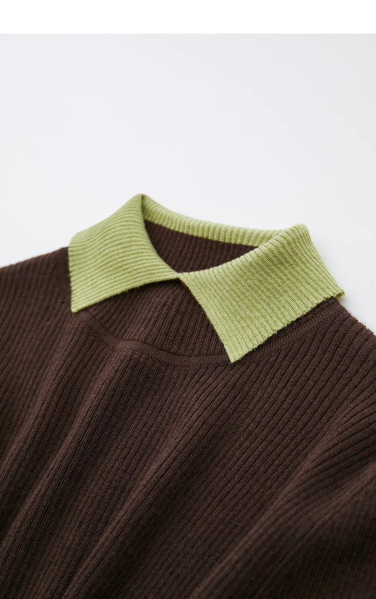 AMII Minimalist Color Contrast Sweater for Women 2024 Autumn Turn Down Collar Niche Slim Fit Knit Tops Warm Sweaters 12323149