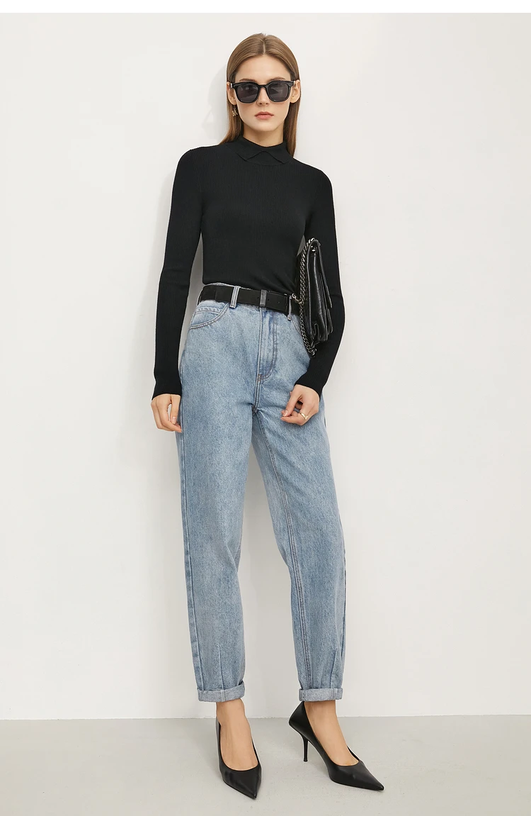 AMII Minimalist Color Contrast Sweater for Women 2024 Autumn Turn Down Collar Niche Slim Fit Knit Tops Warm Sweaters 12323149