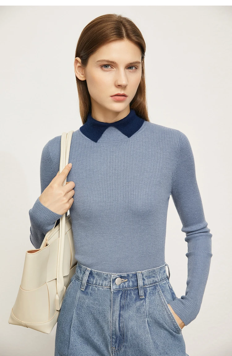 AMII Minimalist Color Contrast Sweater for Women 2024 Autumn Turn Down Collar Niche Slim Fit Knit Tops Warm Sweaters 12323149