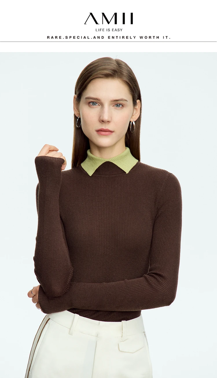 AMII Minimalist Color Contrast Sweater for Women 2024 Autumn Turn Down Collar Niche Slim Fit Knit Tops Warm Sweaters 12323149