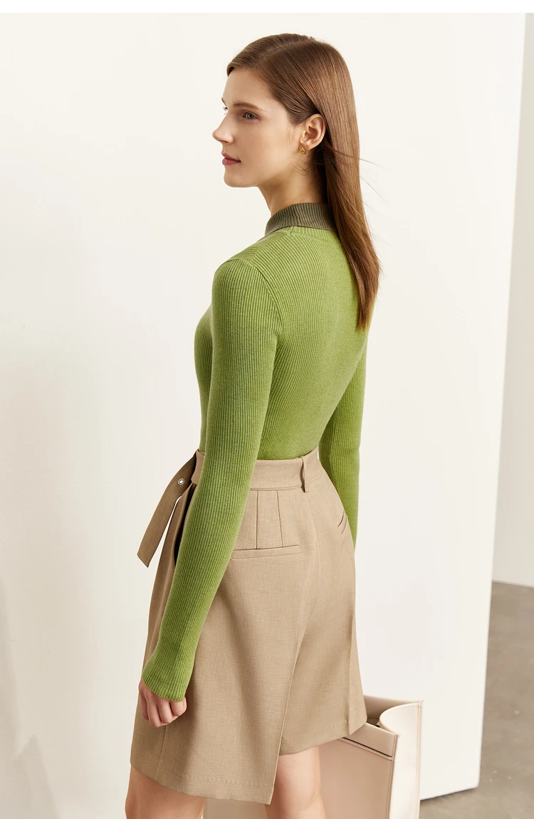 AMII Minimalist Color Contrast Sweater for Women 2024 Autumn Turn Down Collar Niche Slim Fit Knit Tops Warm Sweaters 12323149