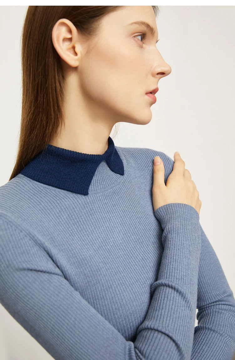 AMII Minimalist Color Contrast Sweater for Women 2024 Autumn Turn Down Collar Niche Slim Fit Knit Tops Warm Sweaters 12323149