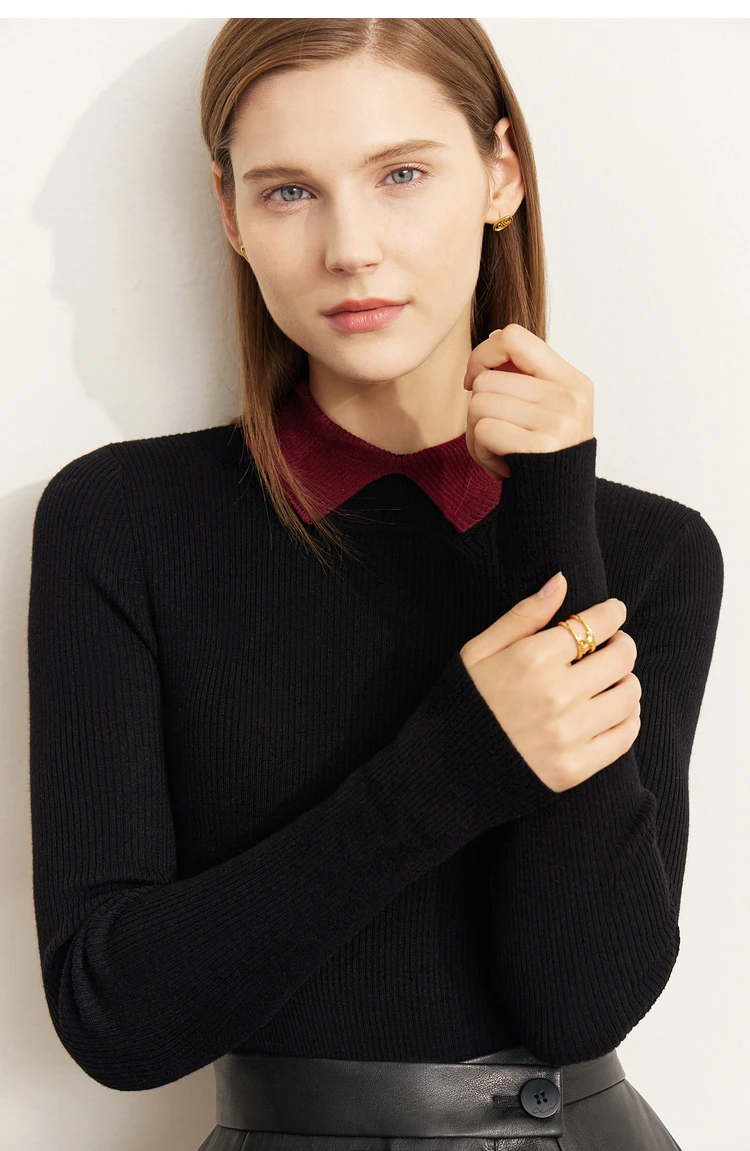 AMII Minimalist Color Contrast Sweater for Women 2024 Autumn Turn Down Collar Niche Slim Fit Knit Tops Warm Sweaters 12323149