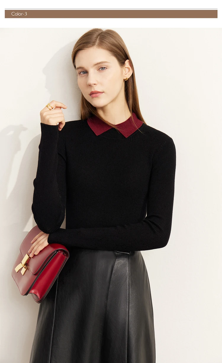 AMII Minimalist Color Contrast Sweater for Women 2024 Autumn Turn Down Collar Niche Slim Fit Knit Tops Warm Sweaters 12323149