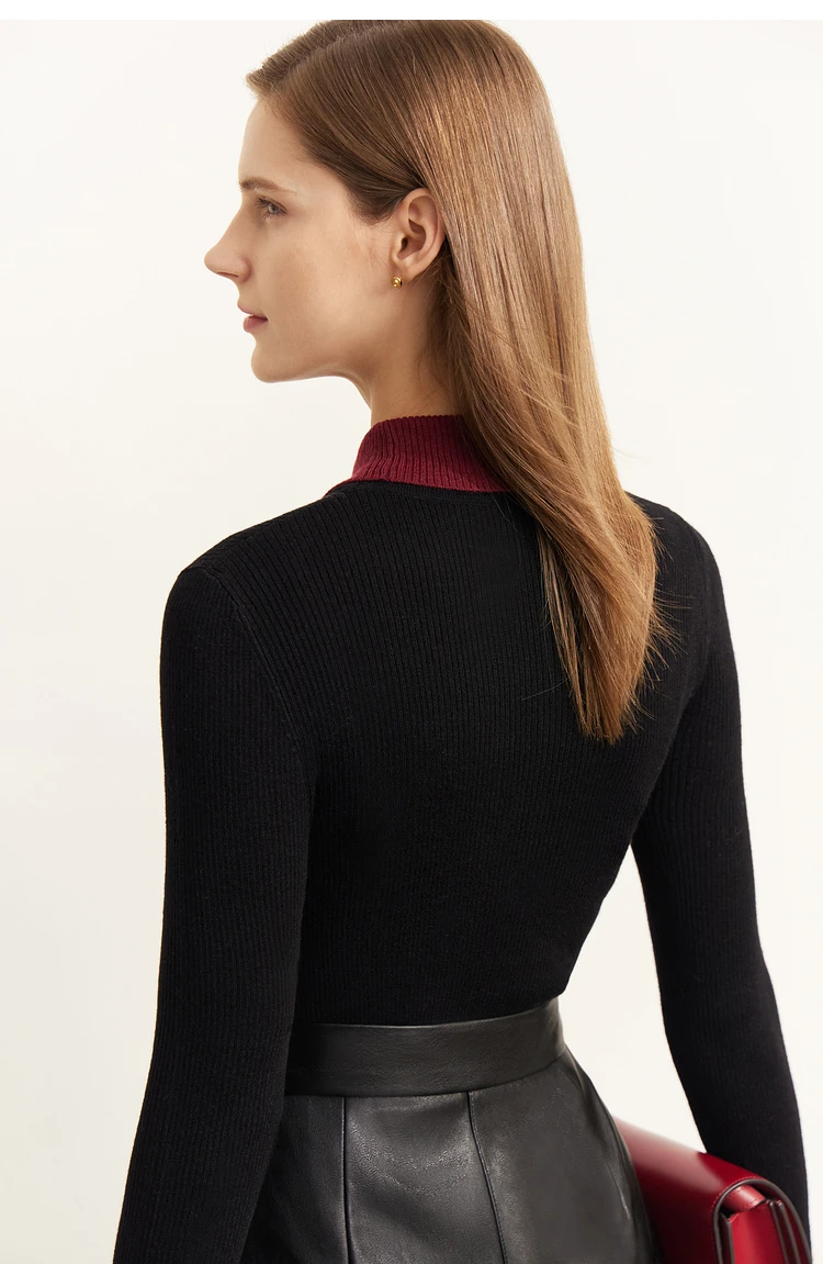 AMII Minimalist Color Contrast Sweater for Women 2024 Autumn Turn Down Collar Niche Slim Fit Knit Tops Warm Sweaters 12323149