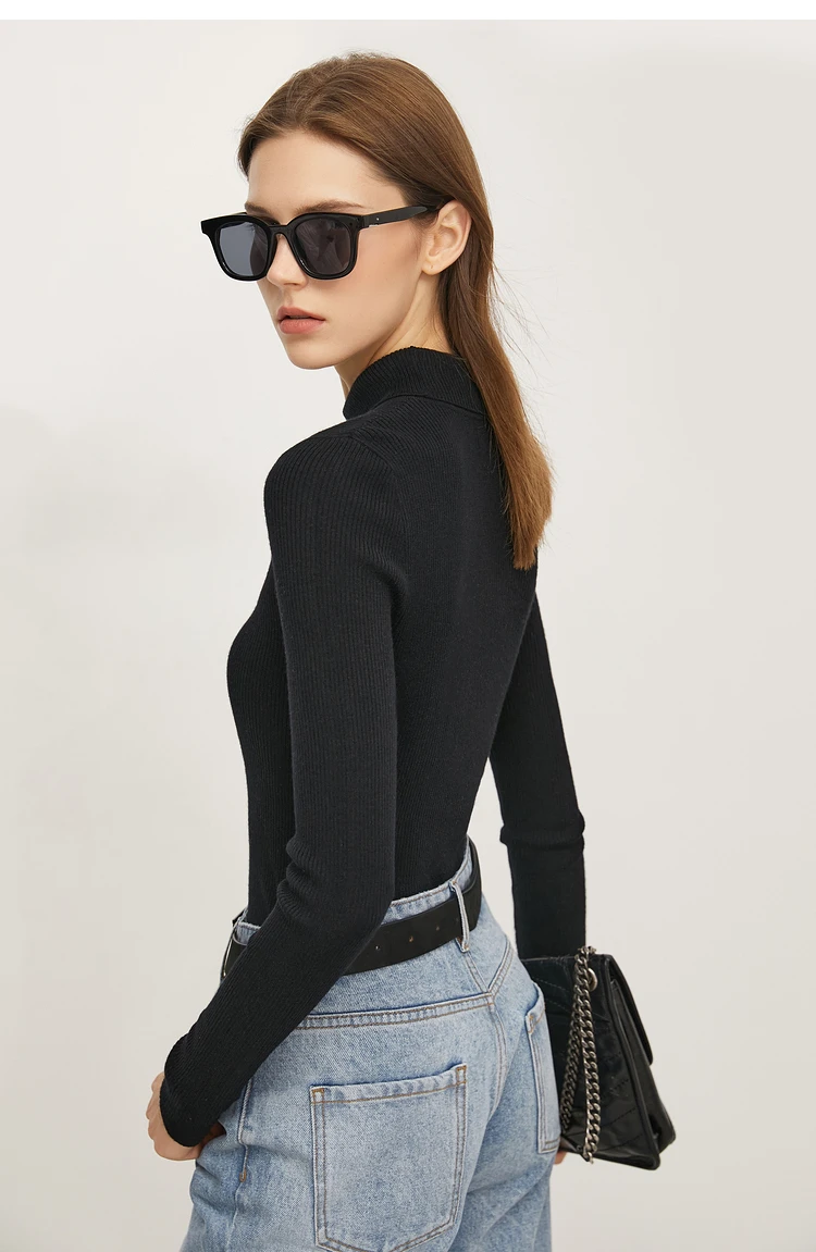AMII Minimalist Color Contrast Sweater for Women 2024 Autumn Turn Down Collar Niche Slim Fit Knit Tops Warm Sweaters 12323149