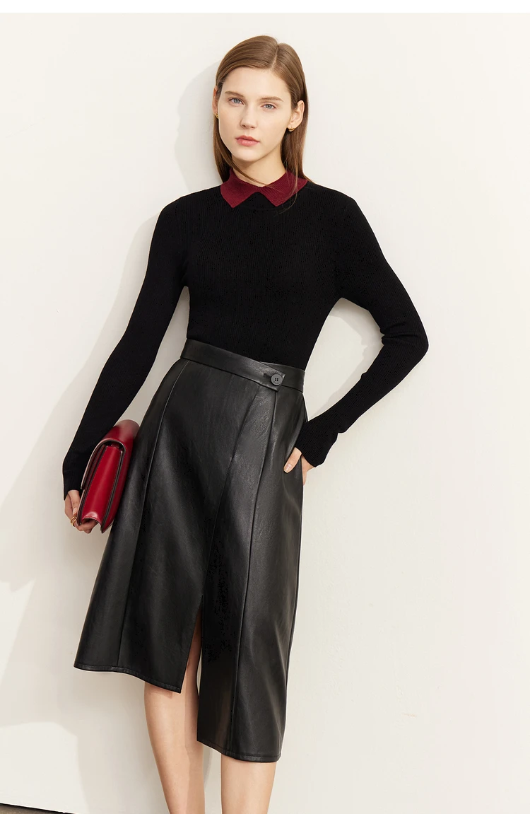 AMII Minimalist Color Contrast Sweater for Women 2024 Autumn Turn Down Collar Niche Slim Fit Knit Tops Warm Sweaters 12323149