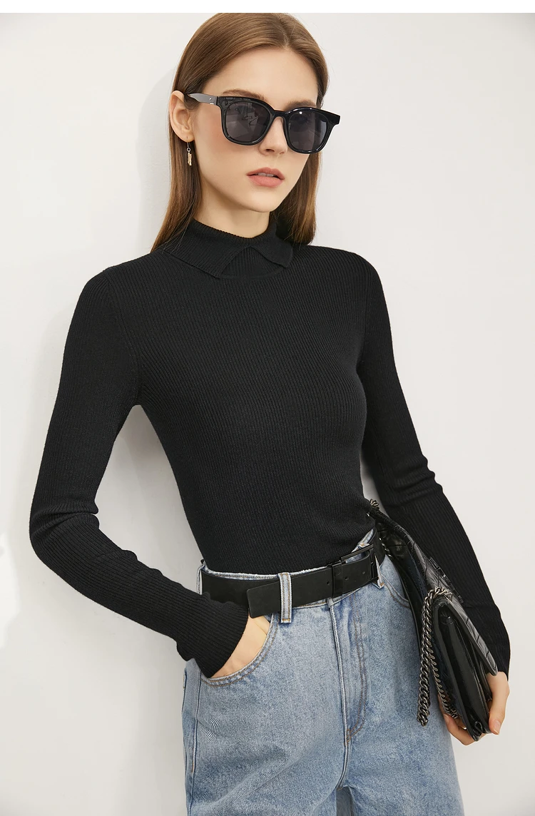 AMII Minimalist Color Contrast Sweater for Women 2024 Autumn Turn Down Collar Niche Slim Fit Knit Tops Warm Sweaters 12323149