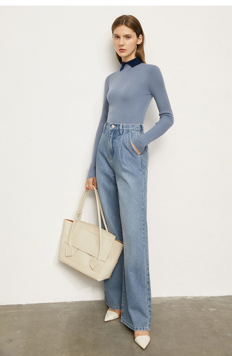 AMII Minimalist Color Contrast Sweater for Women 2024 Autumn Turn Down Collar Niche Slim Fit Knit Tops Warm Sweaters 12323149