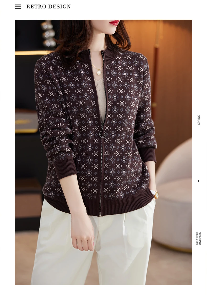 Autumn Winter Women 100% Cotton Color Block Jacquard Sweater O-neck Cardigan Top New Outerwear Knit Zipper Warm Jacket