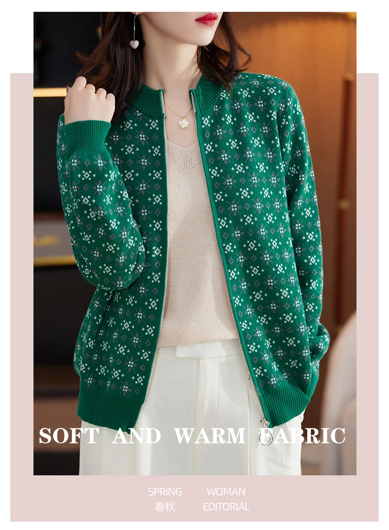 Autumn Winter Women 100% Cotton Color Block Jacquard Sweater O-neck Cardigan Top New Outerwear Knit Zipper Warm Jacket