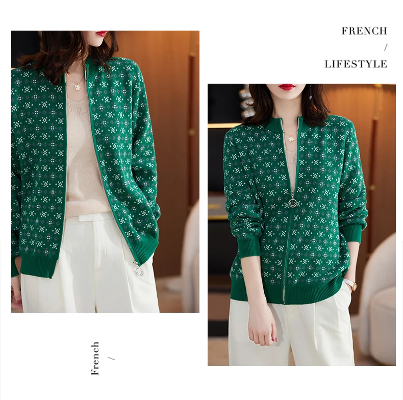 Autumn Winter Women 100% Cotton Color Block Jacquard Sweater O-neck Cardigan Top New Outerwear Knit Zipper Warm Jacket