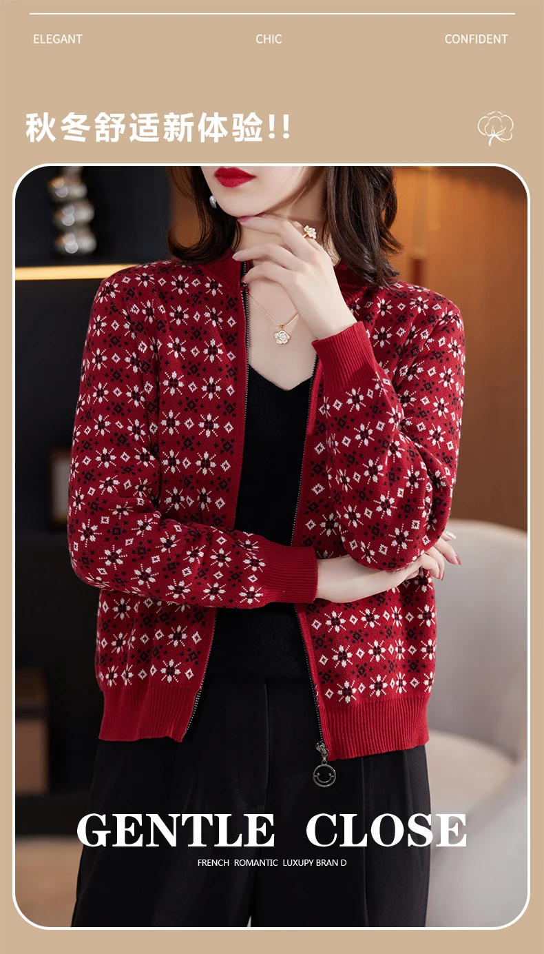 Autumn Winter Women 100% Cotton Color Block Jacquard Sweater O-neck Cardigan Top New Outerwear Knit Zipper Warm Jacket