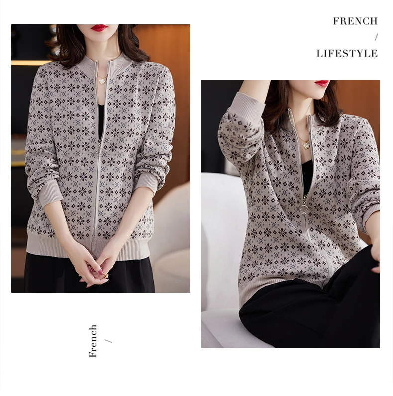 Autumn Winter Women 100% Cotton Color Block Jacquard Sweater O-neck Cardigan Top New Outerwear Knit Zipper Warm Jacket