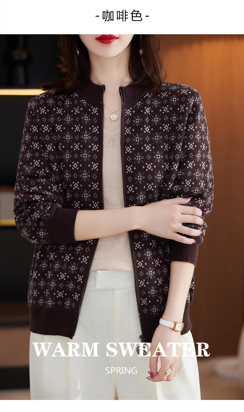 Autumn Winter Women 100% Cotton Color Block Jacquard Sweater O-neck Cardigan Top New Outerwear Knit Zipper Warm Jacket