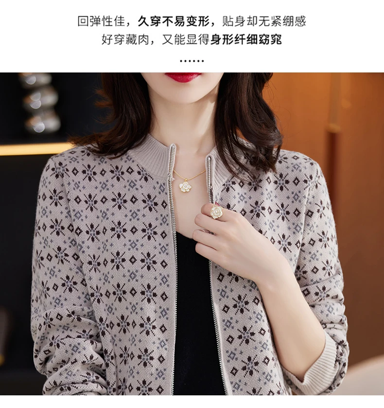 Autumn Winter Women 100% Cotton Color Block Jacquard Sweater O-neck Cardigan Top New Outerwear Knit Zipper Warm Jacket