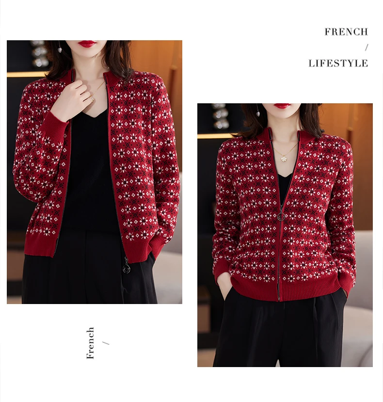 Autumn Winter Women 100% Cotton Color Block Jacquard Sweater O-neck Cardigan Top New Outerwear Knit Zipper Warm Jacket