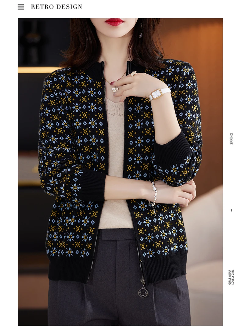 Autumn Winter Women 100% Cotton Color Block Jacquard Sweater O-neck Cardigan Top New Outerwear Knit Zipper Warm Jacket