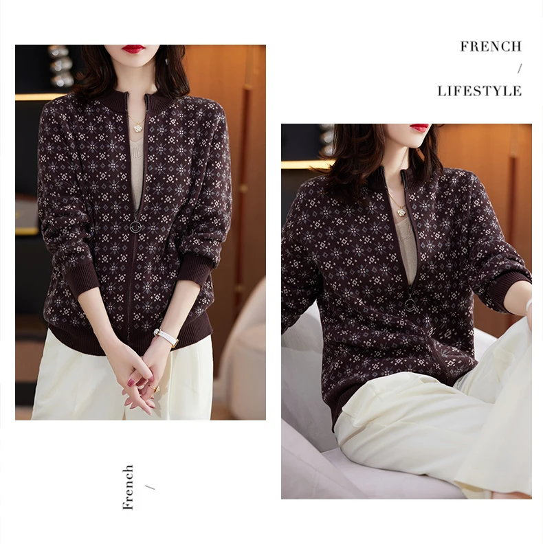 Autumn Winter Women 100% Cotton Color Block Jacquard Sweater O-neck Cardigan Top New Outerwear Knit Zipper Warm Jacket