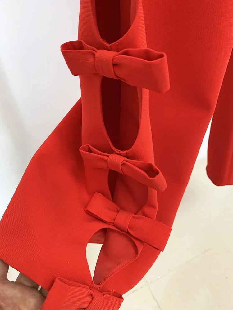HIGH STREET Newest 2026 S/S Designer Runway Suit Set Women's Long Sleeve Hollow Out Bow Blouse Tops Wide Leg Pants Set 2pcs